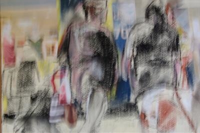 girls with prams by JLYoung, Drawing, Pastel on Paper