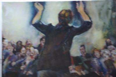 rehearsing the scratch choir  two by JLYoung, Painting, Oil on canvas